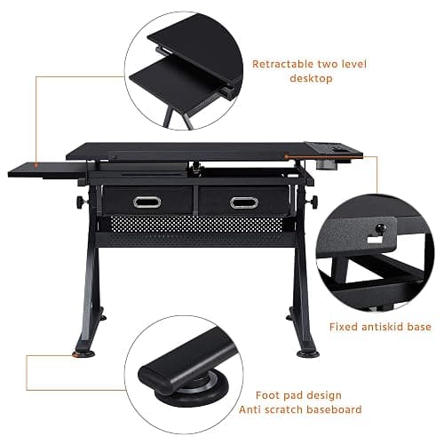 Yaheetech Drafting Table for Artists, Height Adjustable Drawing Desk Art/Craft Desk Diamond Paintings Work Station w/ 2 Storage Drawers and Stool for Home Office School, Black - Black - Large thumbnail 8