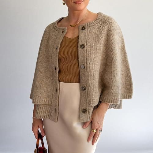 HOULENGS Women's Round Neck Shawl Cardigan Sweater Casual Button Down Cropped Knit Cape Coat Fall Trendy Sweater Jacket thumbnail 5