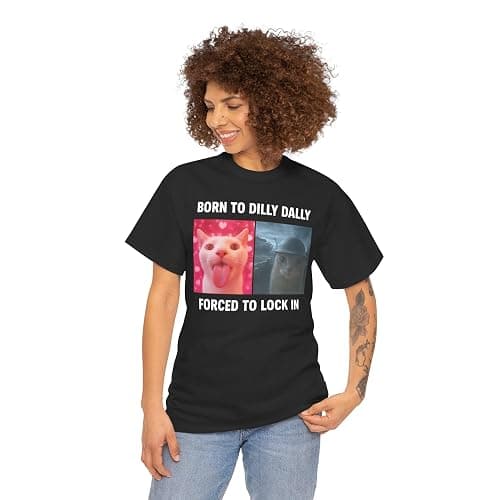 Born to Dilly Dally Forced to Lock in Shirt, Funny Cursed Cat Meme T-Shirt, Gen Z Ironic Humor Tee, Unhinged Viral Y2K Shirt thumbnail 2