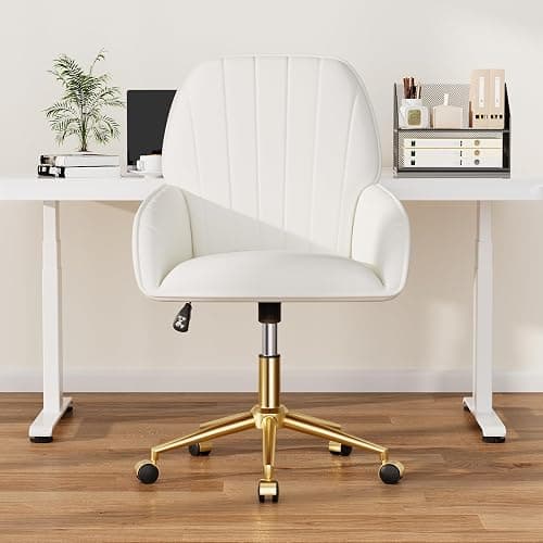 Home Office Desk Chair Comfy with Adjustable Swivel Wheels, Modern Velvet Makeup Vanity Chair with Back & Pillow, Ergonomic Office Chair Computer Task Chair for Living Room, Bedroom, White thumbnail 10