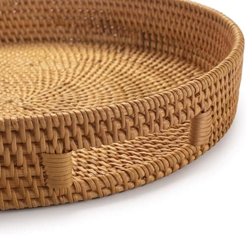 Coffee Table Tray Round Rattan Ottoman Tray Woven Serving Trays with Handles for Home and Kitchen Decorative Natural (Large 14 inch x 2.4 inch) thumbnail 3
