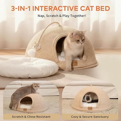 CHEERPALS Cat Cave Bed for Indoor Cats, 3 in 1 Cat House with Washable Cushion and Ball, Scratcher Bed, Cute Rope Bed for Kittens and Large Cat(White) thumbnail 3