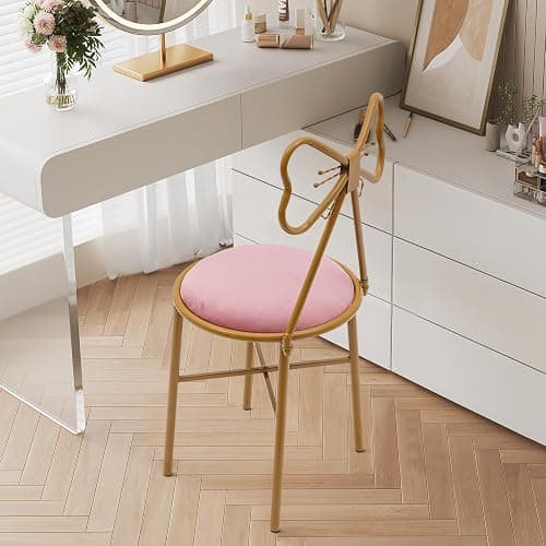 Vanity Chair Stool, Velvet Flannel Cushion Butterfly Dressing Chair, Floor Standing Makeup Butterfly Accent Backrest Chairs with Leg for Living Room, Bedroom, Vanity, Office, Reading Nook (Deep Pink) thumbnail 4
