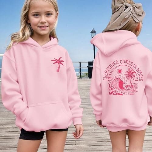 KIEKIECOO Girls Palm Graphic Hoodie Beach Cute Hoodies With Pocket Kids Preppy Sweatshirt Ocean Pullover Long Sleeve Top thumbnail 4