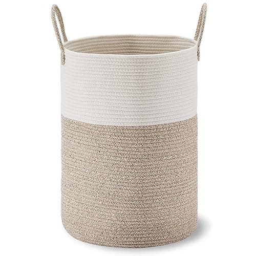 VIPOSCO Large Laundry Hamper, Tall Woven Rope Storage Basket for Blanket, Toys, Dirty Clothes in Living Room, Bathroom, Bedroom - 58L White & Brown thumbnail 9