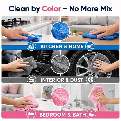 GLIMGLINT Microfiber Cleaning Cloth 150 Pack, Reusable Paper Towels 11 x 9 | Lint Free & Absorbent Cleaning Rags for Car, Home, Kitchen, Glass & Screen, Washable Shop Towel with Box, Pink/Blue/Grey thumbnail 4