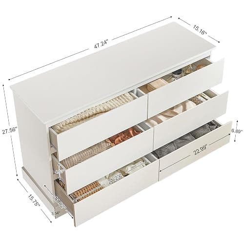 Alaxgumrol White Bedroom Dresser Modern 6 Drawers Dressers Wood Organizer Wide Dresser & Chest of Drawers Storage for Living Room, Entryway, Hallway - White - 15.7"D x 47.3"W x 27.6"H (6 Drawers) thumbnail 3