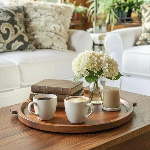 Charcuterie Board | Acacia Wood Serving Tray with Handles 13'' | Round Decorative Ottoman Coffee Table Tray | Medium Wooden Cheese Board Serving Platter for Party Supplies thumbnail 6