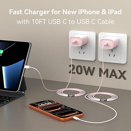 Phone 17 16 15 Charger Fast Charging, 10 FT Long USB C Charger Cord with 20W Type C Fast Phone Charging Block forPhone 17/17 Pro/17 Pro max/Air/Phone 16 15 Pro Max Plus, iPad, Android,Pink thumbnail 3