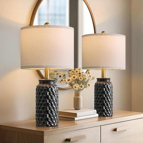 USumkky 20.5" Black Modern Ceramic Bedside Lamp Set of 2 for Bedroom Decor Farmhouse Table Lamp for Living Room Office Dorm thumbnail 7