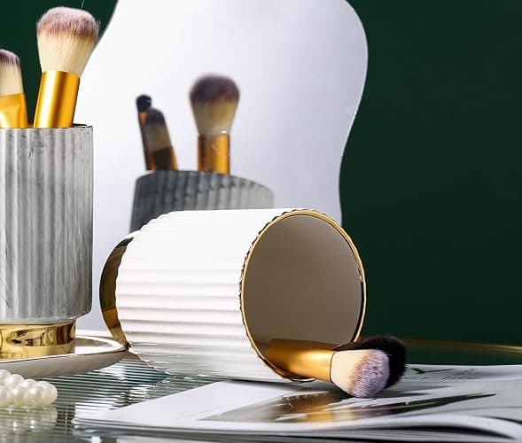IEEK Makeup Brush holder Organizer,Glass Cosmetic Makeup Brush Cup Ceramics Brushes Storage Holder,White and Gold Modern Make Up Brush Cup Pen Pencil Holder Striped Vase thumbnail 5