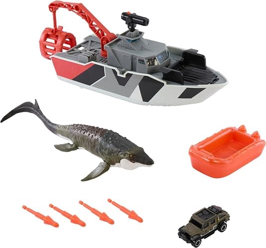 Mattel Matchbox Toy Car Playset, Jurassic World 12.5” Dino Boat with 13” Mosasaurus Dinosaur, 1:64 Die-Cast Jeep, Harpoon Missiles & Detachable Rescue Boat thumbnail 6