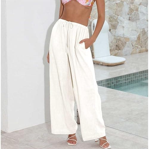 Duyang Womens Cotton Linen Palazzo Pants Drawstring Elastic Waist Casual Wide Leg Trousers with Pockets thumbnail 3