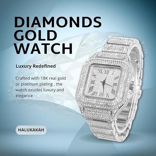 Halukakah Diamonds Watch Iced Out for Boy Teens Kids - 18K Real Gold/Platinum/Rhodium Black Plated,40mm Square Dial,Japanese Quartz - 8" Length - Optional with Cuban Link Chain,with Adjuster Tool thumbnail 2