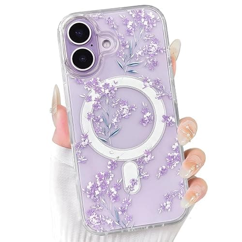 NITITOP for iPhone 17 Case Magnetic Clear Flower - Purple | Compatible with MagSafe, Cute floral leaves pattern, For woman girl, Soft TPU + Hard PC back, Shockproof protective cover - Image 1