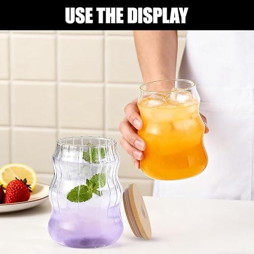 WOJVVK 2PCS 18 Oz Aesthetic Glass Cup, Cute Ribbed Glass Cups with Lids and Straws for Iced Coffee, Matcha Drinking thumbnail 4