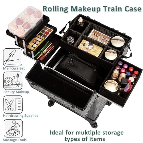AROUS Rolling Makeup Train Case, Large Storage Cosmetic Trolley 4 Tray with 360° Swivel Wheels Keys, Large Storage Traveling Cart Trunk, Cosmetic Train Cases for Nail Technicians Hairstylist, Black thumbnail 2