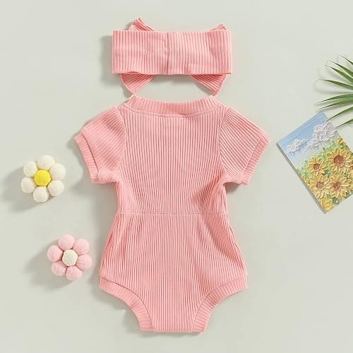 FOMOYUU Newborn Baby Girl Clothes Summer Short Sleeve Jumpsuit Romper with Bow Headband Knit Ribbed Outfits thumbnail 4