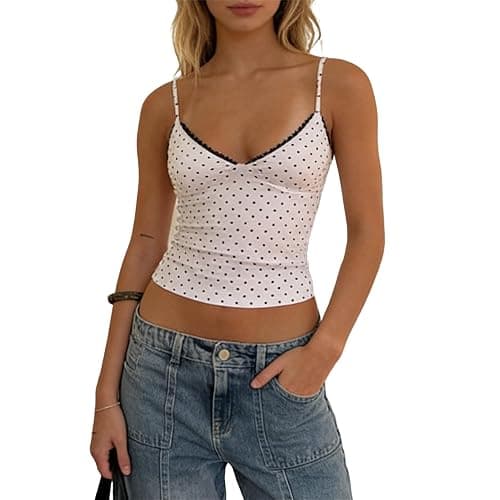 Women Lace Trim Tank Tops Y2k Polka Dot Sleeveless Backless V Neck Cropped Camisole Cute Summer Going Out Streetwear - Image 1