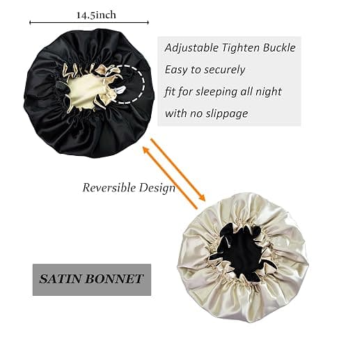 Beutyme Silk Bonnet for Sleeping Satin Bonnets Double Layer Reversible Hair Cap Bonnet for Women Long Curly Braid Hair (Black) thumbnail 2