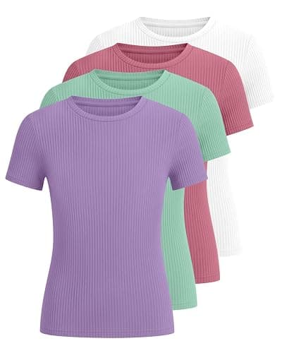Oakgarden 4 Pack Girls T Shirts 5-14 Years Short Sleeve Ribbed Tops Crew Neck Slim Fit Summer Casual Cute Basic Tees for Kids thumbnail 3
