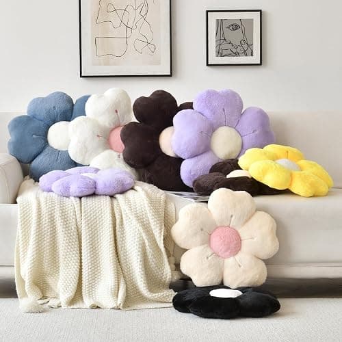 Flower Shaped Pillow, Cute Decorative Throw Pillow with Soft Artificial Rabbit Fur for Couch Bed Chair Floor, Flower Pillows Seating Cushions with Room Décor for Bedroom Living Room (14.9" Lavender) thumbnail 7
