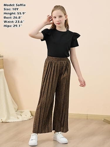 GORLYA Girls Clothing Sets Ruffle Trim Short Sleeve Tops Casual Printed Pleated Wide Leg Pants 2 PCS Outfit Suits 6-14Y thumbnail 4