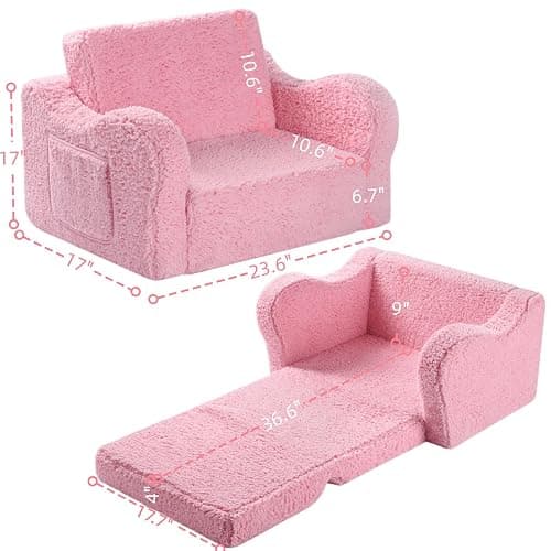 MOMCAYWEX Kids Chairs for Toddler, 2-in-1 Toddler Soft Sherpa Couch Fold Out, Convertible Sofa to Lounger for Girls and Boys, Pink - Pink - Medium thumbnail 3