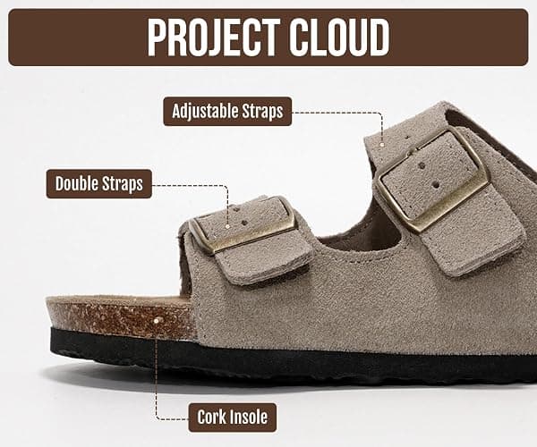 Project Cloud 100% Genuine Leather Flat Sandals For Women 2026 Cork Footbed Womens Sandals with Memory Foam and arch support Vacation Essentials Slides for Women Footwear (Venita) thumbnail 4