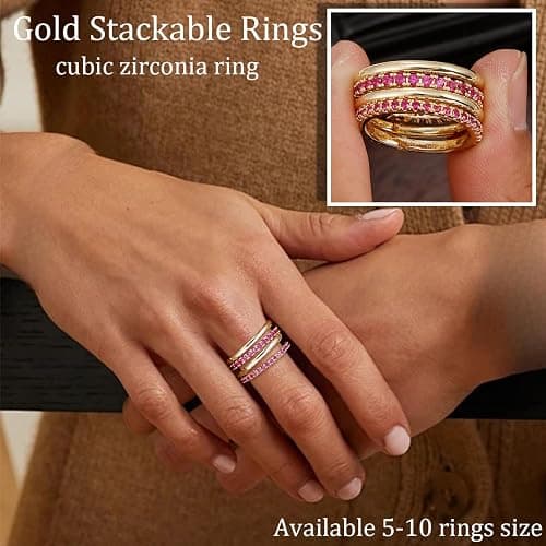 COLOYAN 18K Gold Plated Stackable Rings for Women Non Tarnish, Mixed Metals Multi Ring, Colored Cubic Zirconia Stacking Rings Jewelry thumbnail 4