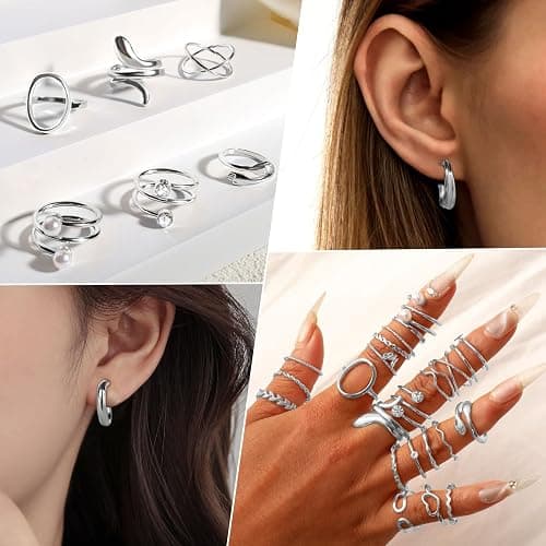 CHICUTIE Gold Jewelry Set For Women,14k Gold Plated Multi Layer Necklaces Bracelets Hoop Earrings Set Stackable Knuckle Rings, Trendy Elegance Charms Non Tarnish Minimalist Textured Boho Jewelry Gift thumbnail 4