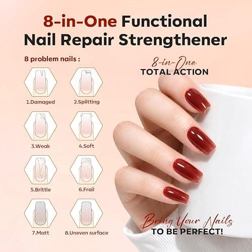 modelones Nail Strengthener and Growth Nail Hardener Red Orange Nail Polish | Extra Strong and Growth Nail Repair Damaged Nails Strengthening Polish Ridge Filler for Nails & Toenails 15ML thumbnail 4