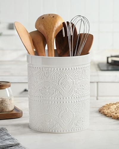 FUN ELEMENTS Kitchen Utensil Holder, 7.2" Super Large Utensil Crock Heavy and Stable Lace Emboss Ceramic Utensil Holder for Kitchen Counter (Bright White) thumbnail 2