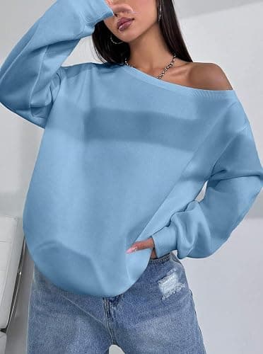 Remidoo Womens Off Shoulder Sweatshirt Drop Shoulder Oversized Long Sleeve Pullover Top thumbnail 4