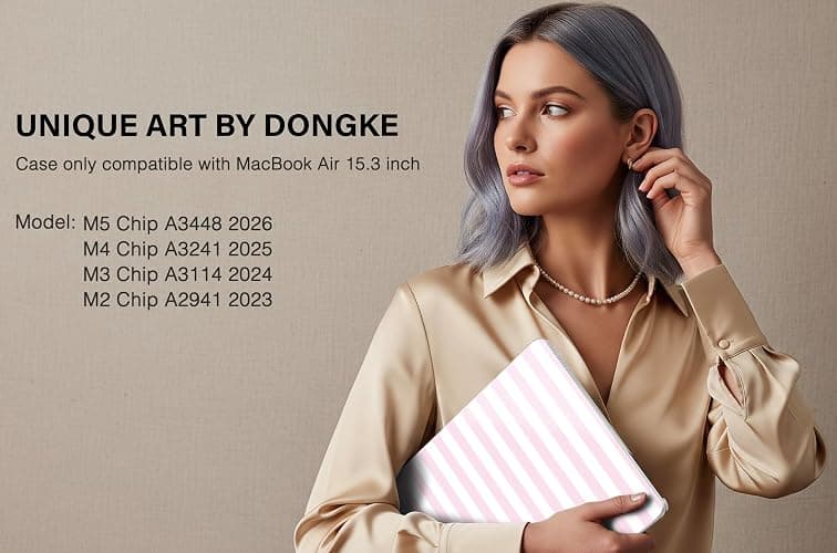 DONGKE for MacBook Air 15 inch Case M5 M4 M3 M2 Chip 2026 2025 2024 2023 Release (Model A3448 A3241 A3114 A2941), Hard Shell Case with Keyboard Cover & Type C Adapter, Pink & White Stripes thumbnail 2
