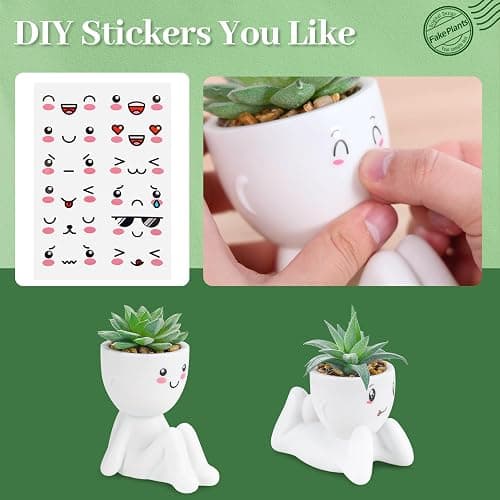 Der Rose 2 Pack Fake Plants in White Pots with Face Decals for Desk Decor | Customizable face stickers, playful sculptural planters,suitable for office desk bathroom shelf bedroom decor thumbnail 5