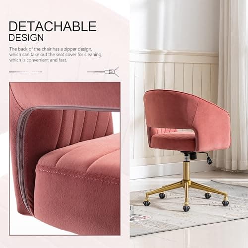 Nrizc Velvet Home Office & Living Room Desk Chairs with Adjustable Swivel Wheels, Ergonomic Upholstered Office Chair for Bedroom, Vanity Study (Rose) thumbnail 7