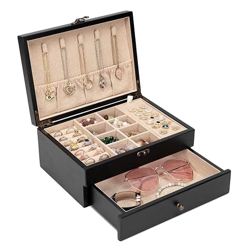 Pinzoveco Jewelry Box for Women, Rustic Wooden Jewelry Organizer Box for Storage Earrings Rings Necklace Bracelet, Farmhouse Style Wood Jewelry Boxes & Organizers (Black) - Image 1