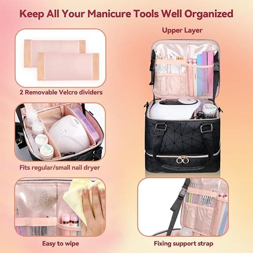 SIYNPAV Nail Polish Organizer Bag Holds 84 Bottles (15ml/0.5fl.oz)& Nail Lamp, 3 Layers Detachable Nail Kit Storage Case PU Leather, Large Travel Nail Supplies Shoulder Bag for Manicure Tools (Black) thumbnail 4