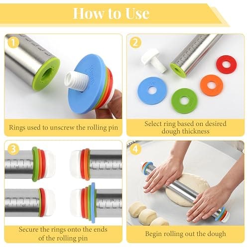 Adjustable Rolling Pin with 4 Thickness Rings for Baking, 17” Stainless Steel Dough Roller with Clear Measurement Markings for Pizza, Fondant, Pie, Cookies, Baking Supplies, Pastry, Pasta thumbnail 4
