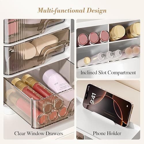 Delamu Makeup Organizer with Drawers, Multi-Function Vanity Organizer Countertop, Stackable Desk Organizer for Makeup Brush Lipstick Skincare Bathroom Vanity Organization and Storage, White - White thumbnail 5