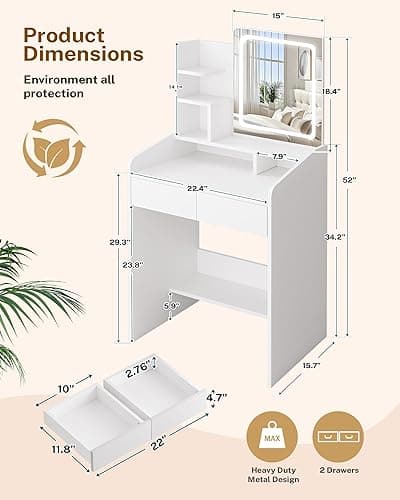 LIVELYGLOW Small Makeup Vanity Desk with Lighted Mirror, White, 23.62" W x 15.74" D x 53.93" H (Smart LED Mirror, Open Shelves, 2 Drawers) thumbnail 2