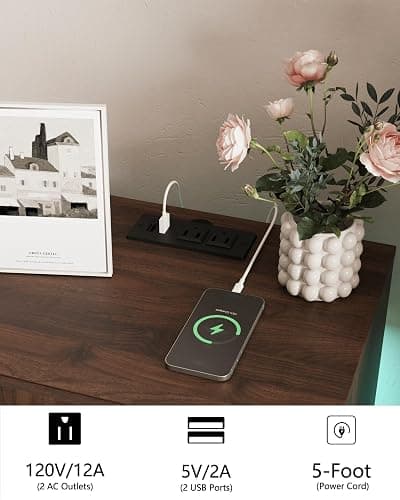 JOONEE Nightstand with Charging Station and LED Lights,Modern Bedside Table with 2 Storage Drawer,Night Stand with Solid Wood Legs,White (Walnut Brown) thumbnail 5