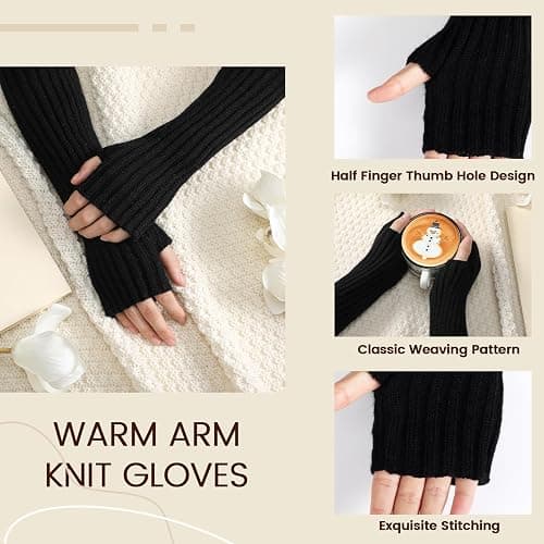 Clothirily Arm Warmers, Women's Long Knit Fingerless Gloves with Thumb Hole | Stretchy Knit Fabric, Long Sleeve Coverage to Elbow, Ideal for Layering & Cold Weather, Fashionable Ribbed Texture, 2 Pairs thumbnail 4