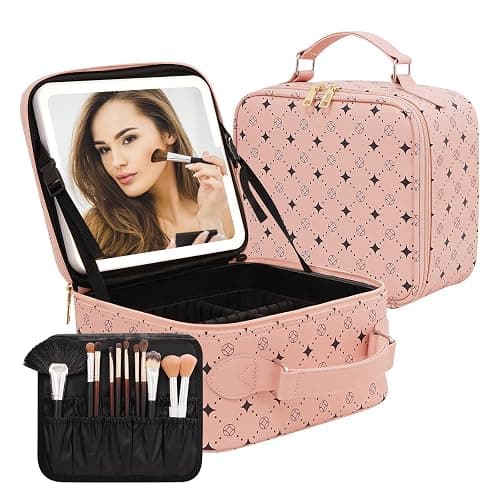 Travel Makeup Bag With 360° rotating LED Mirror,Waterproof cosmetic organizer,Portability Cosmetic case,Makeup organizer,Gift for Women,Girls Gift (Pink) - Image 1