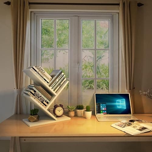 Godferyxin Tree Bookshelf, 3-Tier Wood Small Bookshelf and Mini Book Shelf for Office, Home or School Desk Book Shelf for for Displaying Books, CDs, Magazines Wood Storage Rack-Whit thumbnail 5