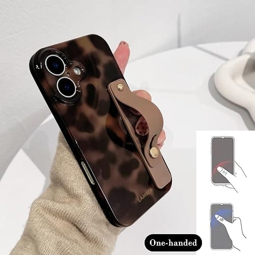 NITITOP Compatible with iPhone 16 Case with Wrist Strap Cute Leopard Stylish Amber Tortoise Design for Women Girls Men Soft TPU Shockproof Full Camera Protection Cover - Brown thumbnail 4