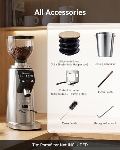 MOKKOM Professional 64mm Flat Burr Coffee Grinder with 100 Grind Settings, All-Metal Stainless Steel Body, Coffee Bean Grinder with Adjustable Electronic Timer, Anti-Static, LED Display thumbnail 8
