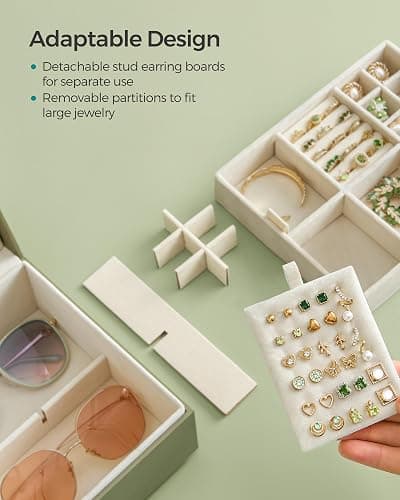 SONGMICS 2-Layer Jewelry Box with Handle, Removable Tray, Floating Effect | Jewelry Organizer, 8.1 x 9.4 x 4.3 Inches, Gift for Loved Ones, Sage Green and Cream White, GREETA Collection UJBC165C02 thumbnail 6