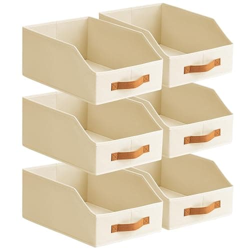 Homsorout Fabric Storage Bins for Organizing - 6 Pack Large Trapezoid Collapsible Storage Bins with Front Handle, Closet Organizers and Storage for Bedroom, Home Shelves, Small Spaces, Beige - Image 1